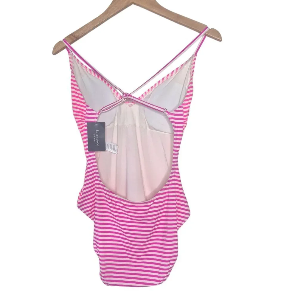 Kate Spade Radiant Pink Ringmaster Stripe V-neck One-piece Size Large Preppy NWT